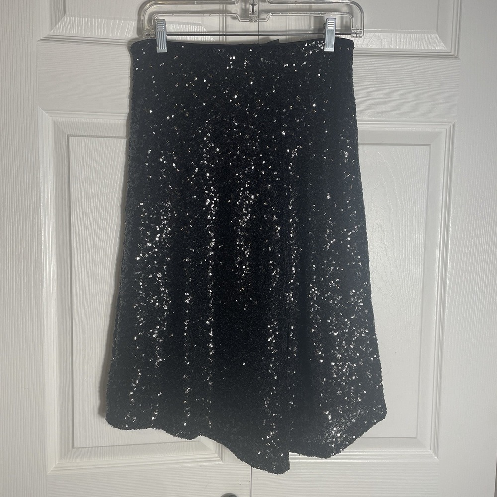 Vera Moda Sequin Skirt Women S Black Asymmetric Hem‎ Slit Lined Sparkly Festive